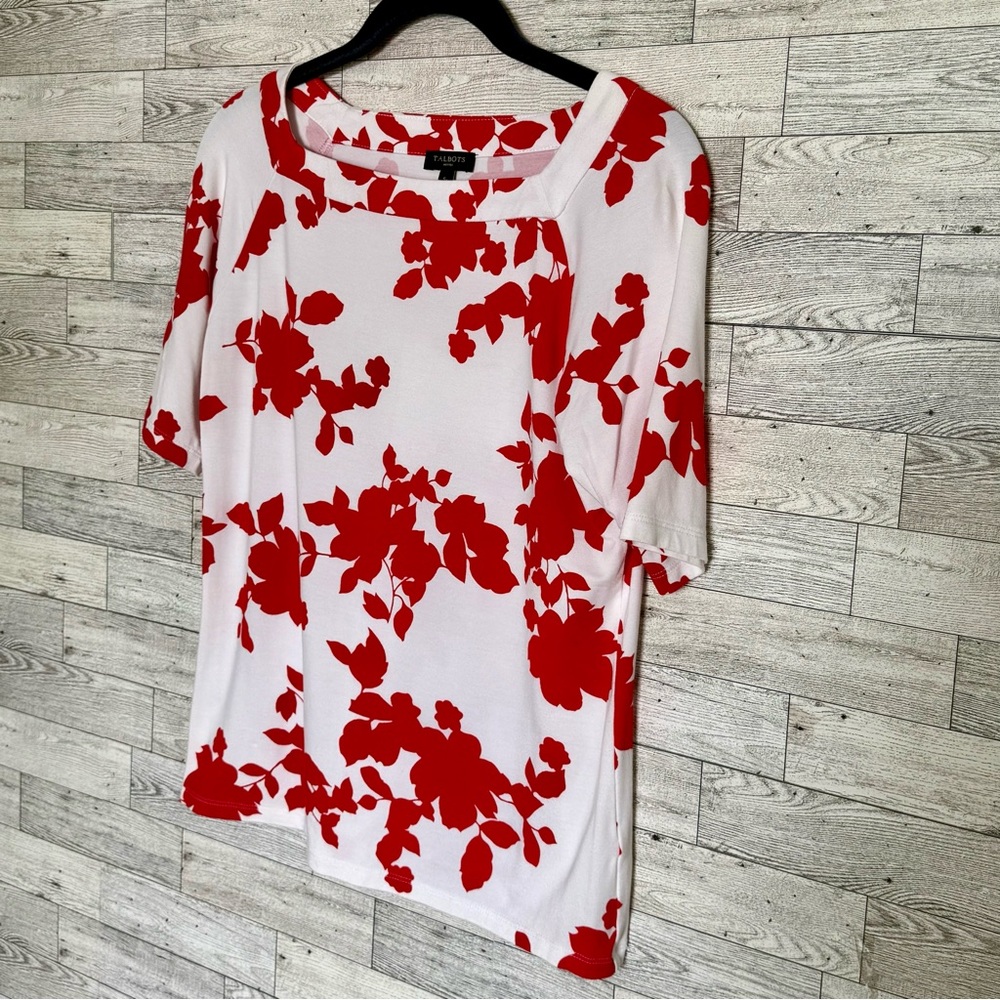 Talbots Womens Red White Floral‎ Top Short Sleeve Rayon Tunic Blouse Sz-Small/P - Picture 9 of 14